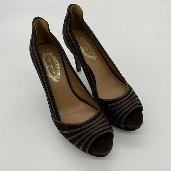 Elie Tahari Brown Suede Heels size 37.5 7.5 Peep t - Picture 1 of 6